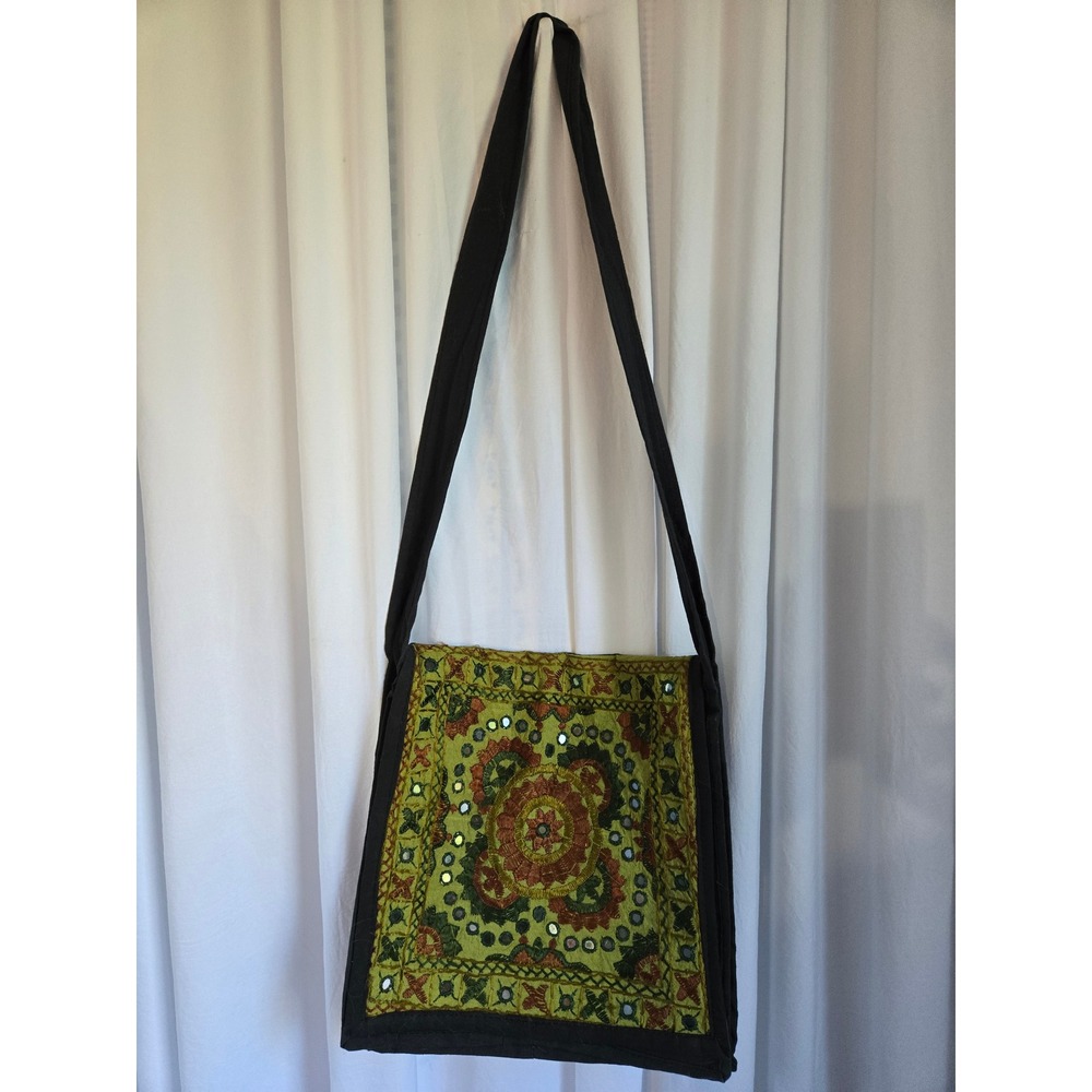 Tapestry Black Tote Bag Mirrored Disk Studs Embroidery Crossbody Boho Green